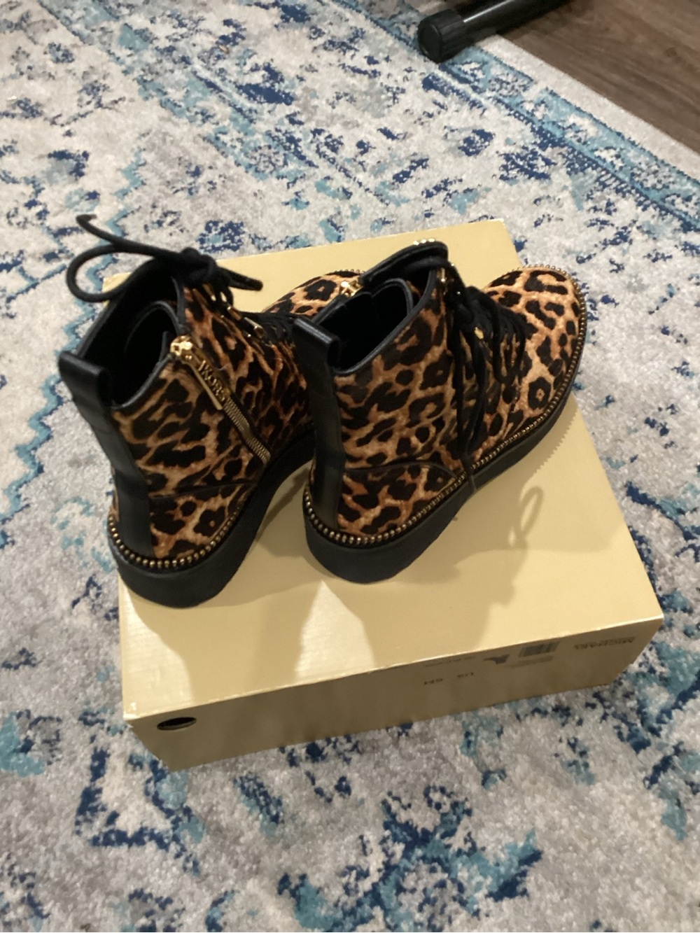 Michael Kors Leopard Print Lace-Up Ankle Boots with Gold Zip Detail